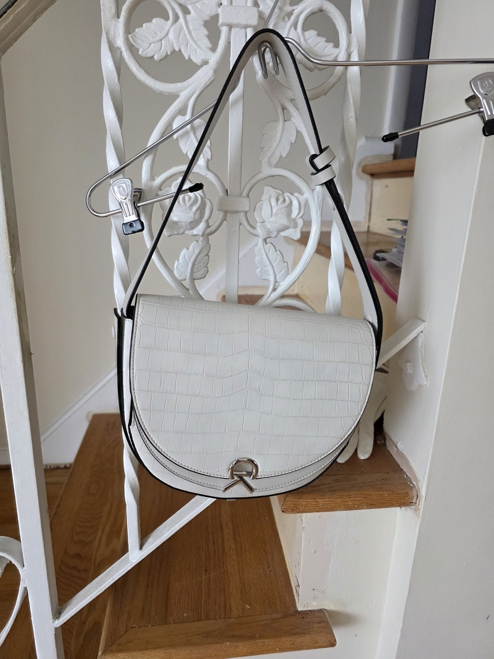 Calvin Klein White Croc-Embossed Saddle Bag with Silver Accent